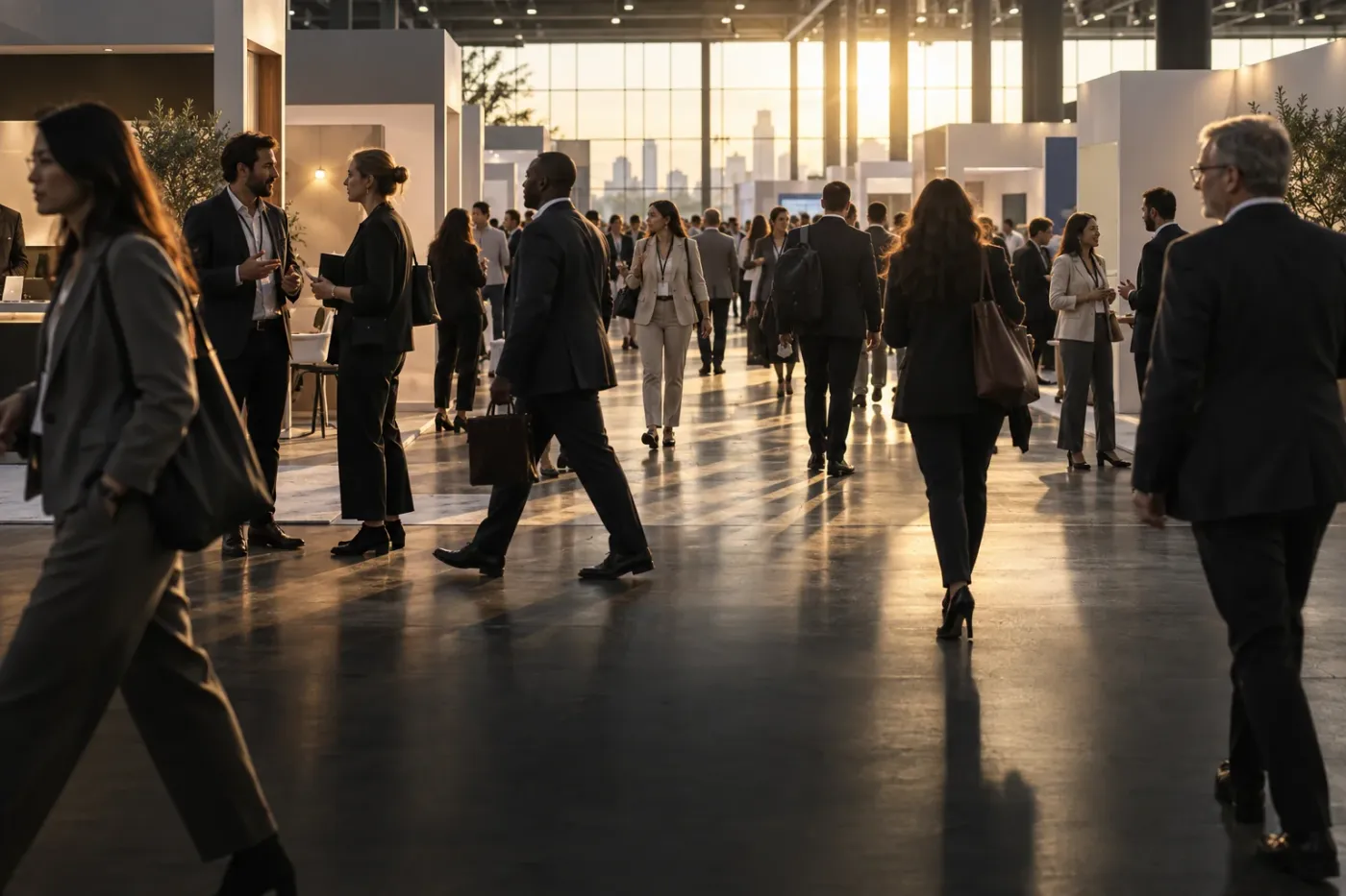 Professionals walking and talking across a bright expo hall