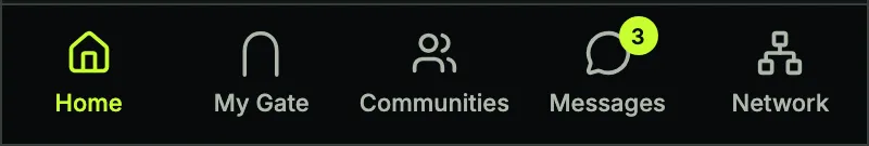 The NexusG8 bottom bar: Home, My Gate, Communities, Messages with three unread, and Network