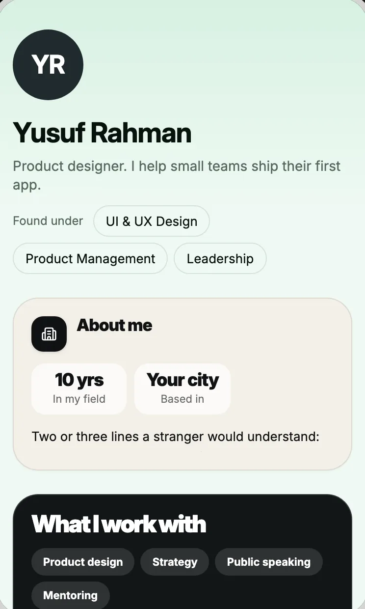 A page made from the Individual template: Yusuf Rahman, product designer, the tags he is found under, his skills